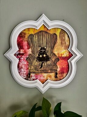 Original Art,Cat is a linocut print in unique shaped frame 16” x 16 ”handmade